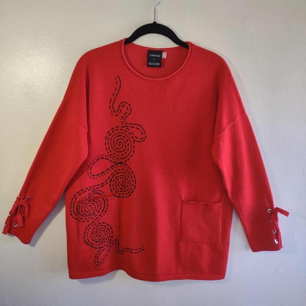 Cartise Red Knit Top Sz Small Relaxed Fit Lace-Up Sleeve Boho Retro Capsule Chic